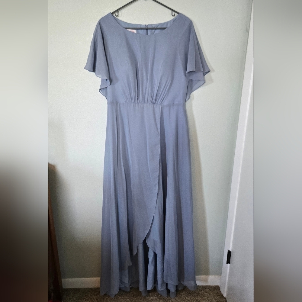 JJs House Slate Blue Chiffon Flutter Sleeve Wedding Gown